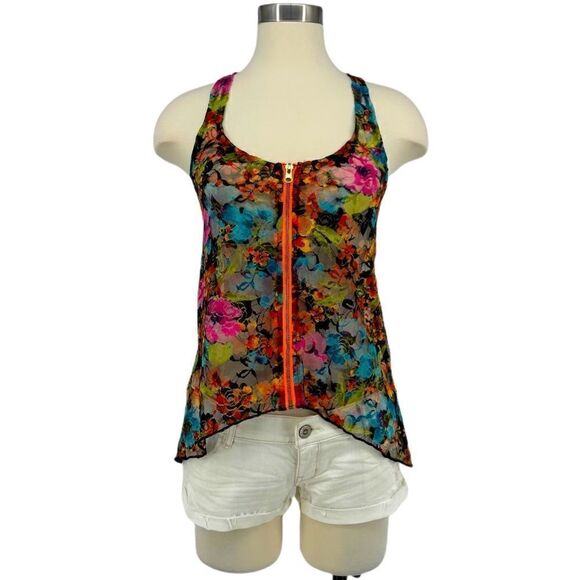 Almost Famous Sheer Lace Floral Zip Front Tank - Picture 1 of 9